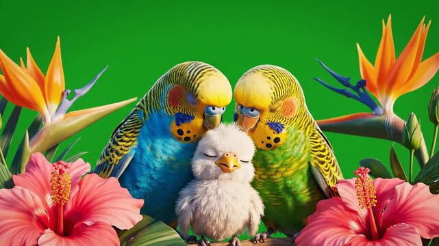 Cute Animated Budgerigar Family with Baby Chick in Tropical Floral Scene