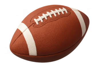 American football ball, brown leather pigskin with white laces and stripes, illustrating competitive team sport game