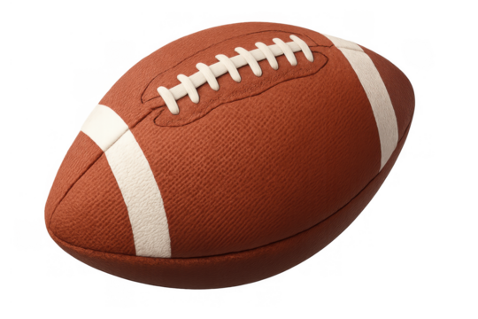 American football ball, brown leather pigskin with white laces and stripes, illustrating competitive team sport game