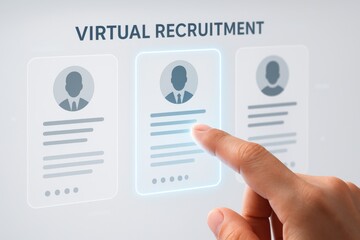 Hand interacting with virtual recruitment profiles on a touchscreen, symbolizing digital hiring processes and the evolution of talent acquisition in modern business.
