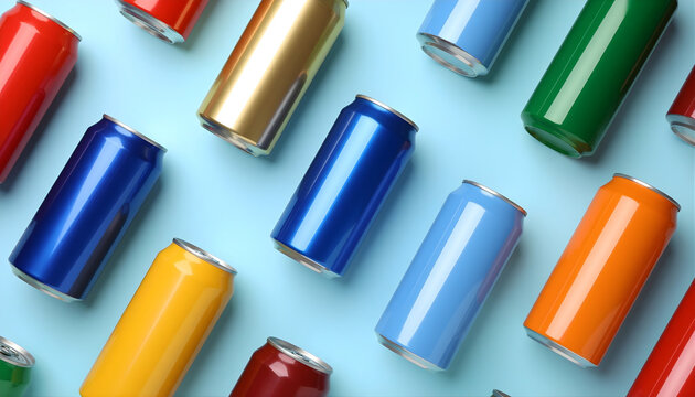 Assorted colorful aluminum cans and glass bottles scattered on a light blue surface