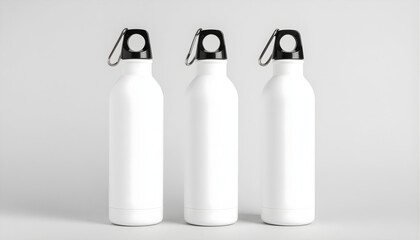 Three white reusable water bottles with carabiner caps on a light gray surface