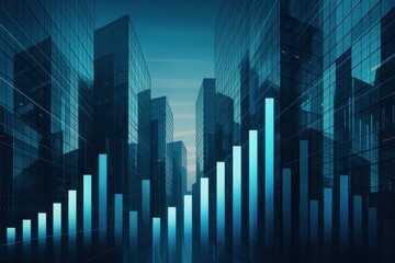 Digital financial growth chart overlaying sleek urban skyscrapers, symbolizing economic development, innovation, and urbanization in a modern corporate landscape.