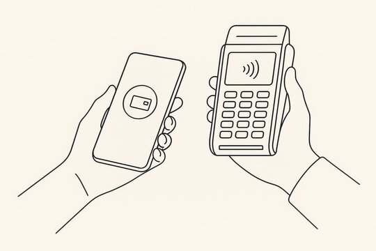 Hands engaging in a contactless payment transaction using a smartphone and card reader. Concept of digital finance, innovation, and modern payment solutions.