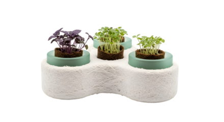 Microgreen planter isolated on transparent background with three different sprouts
