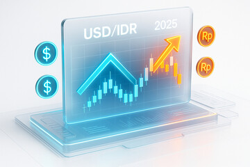 High-tech 3D forex scene showing USD/IDR 2025 trend with neon arrows and holographic candlestick chart