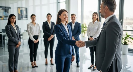 Businesswoman shaking hands with businessman in front of a group of office professionals smiling