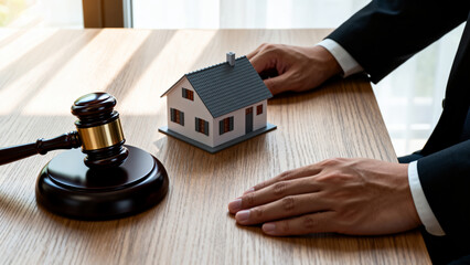 Person holding miniature house near gavel