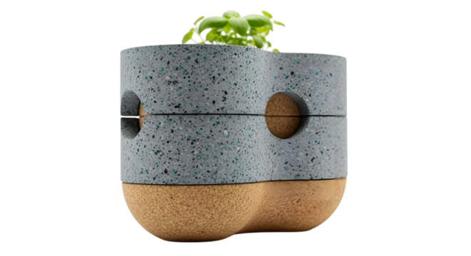 Modern gray stone planter with cork base and green plant isolated on transparent background
