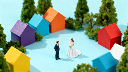 Miniature couple in colorful houses