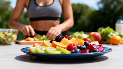 Woman preparing fresh fruit salad outdoors