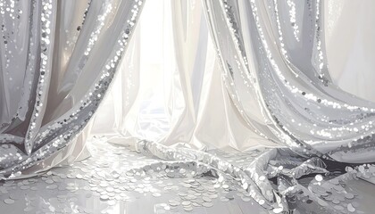 Elegant silver sequin curtains backdrop with luxurious drape and shimmering effect