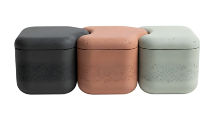 Three concrete boxes isolated on transparent background in different colors for storage