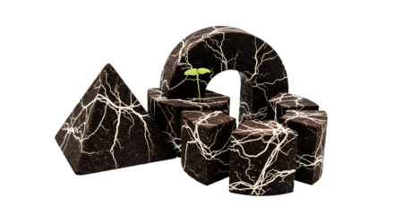 Geometric peat pots with plant isolated on transparent background for growing seedlings