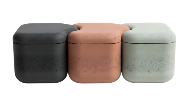 Three concrete boxes isolated on transparent background in different colors for storage