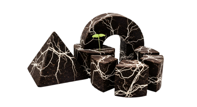 Geometric peat pots with plant isolated on transparent background for growing seedlings