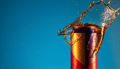 A product photography shot of a aluminum beverage can pouring liquid with a dramatic splash effect against a solid background