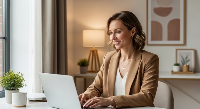 Woman in blazer working on laptop at desk with plants and lamp in a bright and modern home office - Powered by Adobe