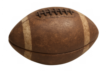Old american football ball showing vintage brown leather, rustic stripes, and prominent laces against a clear background