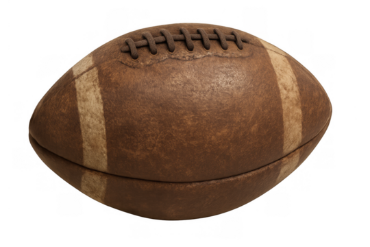 Old american football ball showing vintage brown leather, rustic stripes, and prominent laces against a clear background