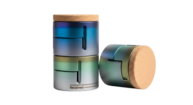 Stack of colorful metal containers with cork lids isolated on transparent background