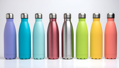 A row of colorful reusable aluminum water bottles standing in a line isolated on white background