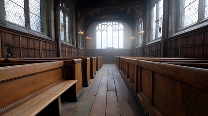 Empty wooden pews in a dimly lit historic church with large gothic and a misty atmosphere