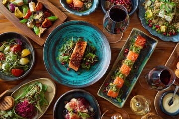 Gourmet fusion cuisine displayed on rustic wooden table showcasing vibrant colors and textures during a lively dining experience