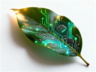 Green Leaf with a Glowing Integrated Circuit Board, "Green Tech" Concept