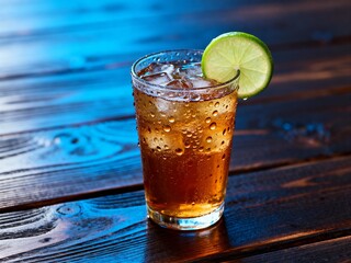 Iced Tea or Cola with Condensation and Lime Wedge on a Wooden Table
