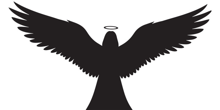 Angel silhouette spreading wings with halo symbol