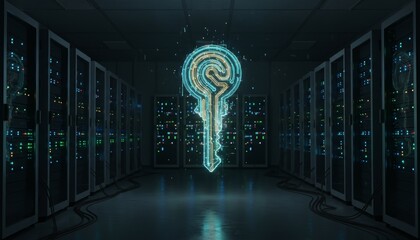Glowing digital encryption key floats above server racks