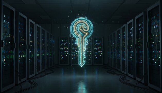 Glowing digital encryption key floats above server racks