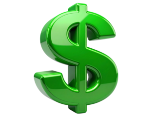Glossy Green 3D Dollar Symbol with Smooth Curves, Front Center View, Isolated on Transparent Background.