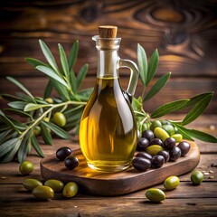 Olive oil and olives on rustic wooden table

