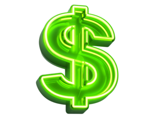 Green Neon-Glow Dollar Sign with Futuristic Lighting Effects, Tilted Perspective, Isolated on Transparent Background.