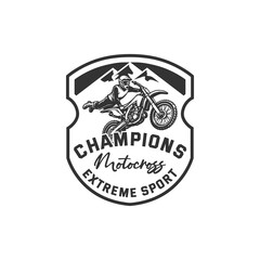 This logo features a motocross rider performing an extreme stunt, capturing the spirit of speed, power, and adrenaline. The dynamic illustration, combined with bold wing-like stripes, creates a strong