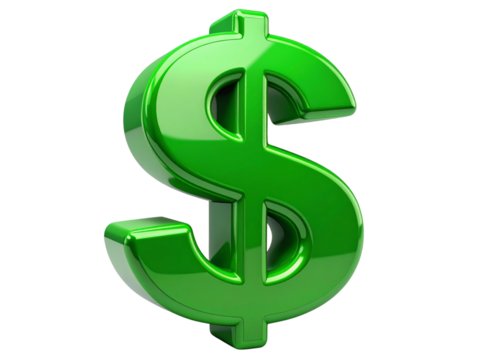 Glossy Green 3D Dollar Symbol with Smooth Curves, Front Center View, Isolated on Transparent Background. - Powered by Adobe