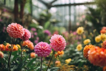 Obraz premium Bright pink dahlias surrounded by vibrant flowers in a lush garden setting during daytime in a greenhouse