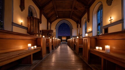 Fototapeta premium A serene church interior with wooden pews lit by candles under a dramatic starlit sky