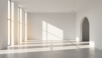 Fototapeta premium Sunlight entering a bright empty room with clean minimal architecture