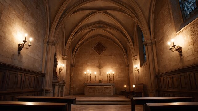 Interior of an ancient gothic church with vaulted ceilings illuminated by altar candles