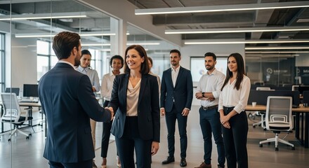 Obraz premium Businesswoman shaking hands with a man as a team of professionals stands in the background