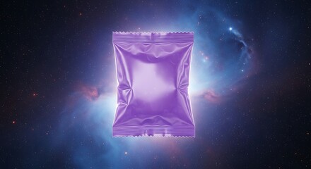 A shiny purple snack package floats in the middle of a cosmic nebula, suggesting otherworldly flavors and a sense of adventure and mystery