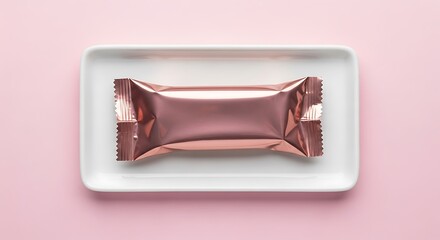 Top view of a shiny rose gold candy bar wrapper on a white plate, placed on a pink background, creating a minimalist and elegant aesthetic for snack presentation