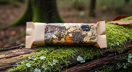 Closeup of a granola bar with seeds and dried fruits in a transparent wrapper, resting on a mossy log in a forest, highlighting natural ingredients