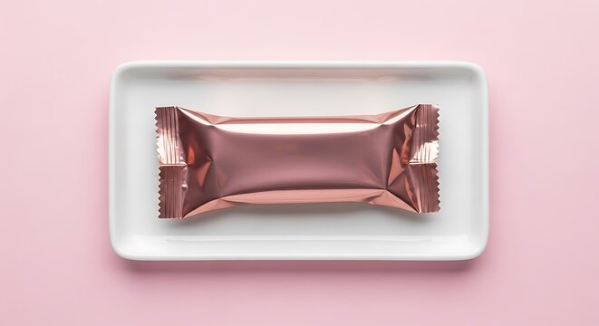 Top view of a shiny rose gold candy bar wrapper on a white plate, placed on a pink background, creating a minimalist and elegant aesthetic for snack presentation