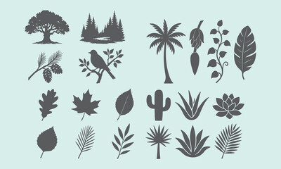 Collection of silhouette illustrations of trees plants leaves and birds
