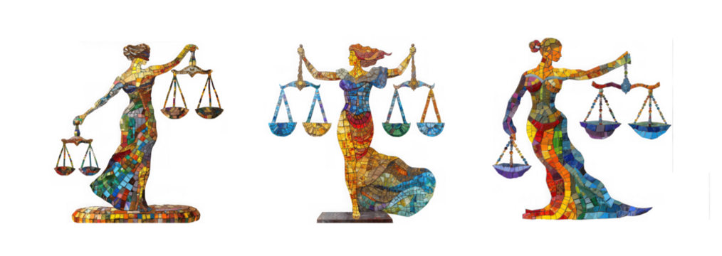 Three abstract mosaic figures of lady justice holding scales, representing law and justice, isolated on transparent background