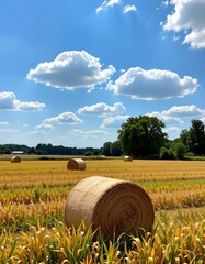 Peaceful Rural Field with Hay Bales and Bright Sky
